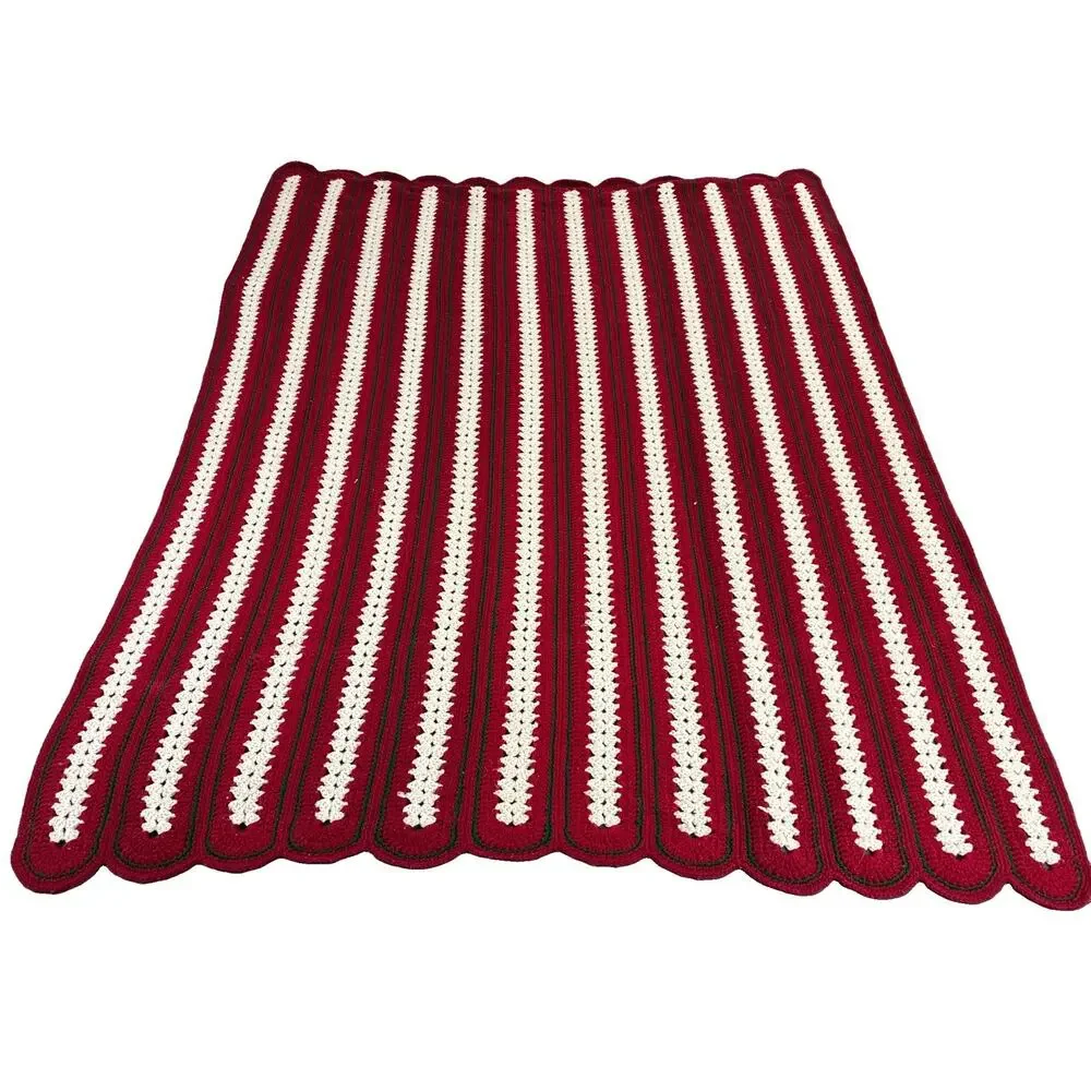 Handmade Crochet Blanket Afghan Throw 67x53 Red Green Ivory Vintage Style Chrty